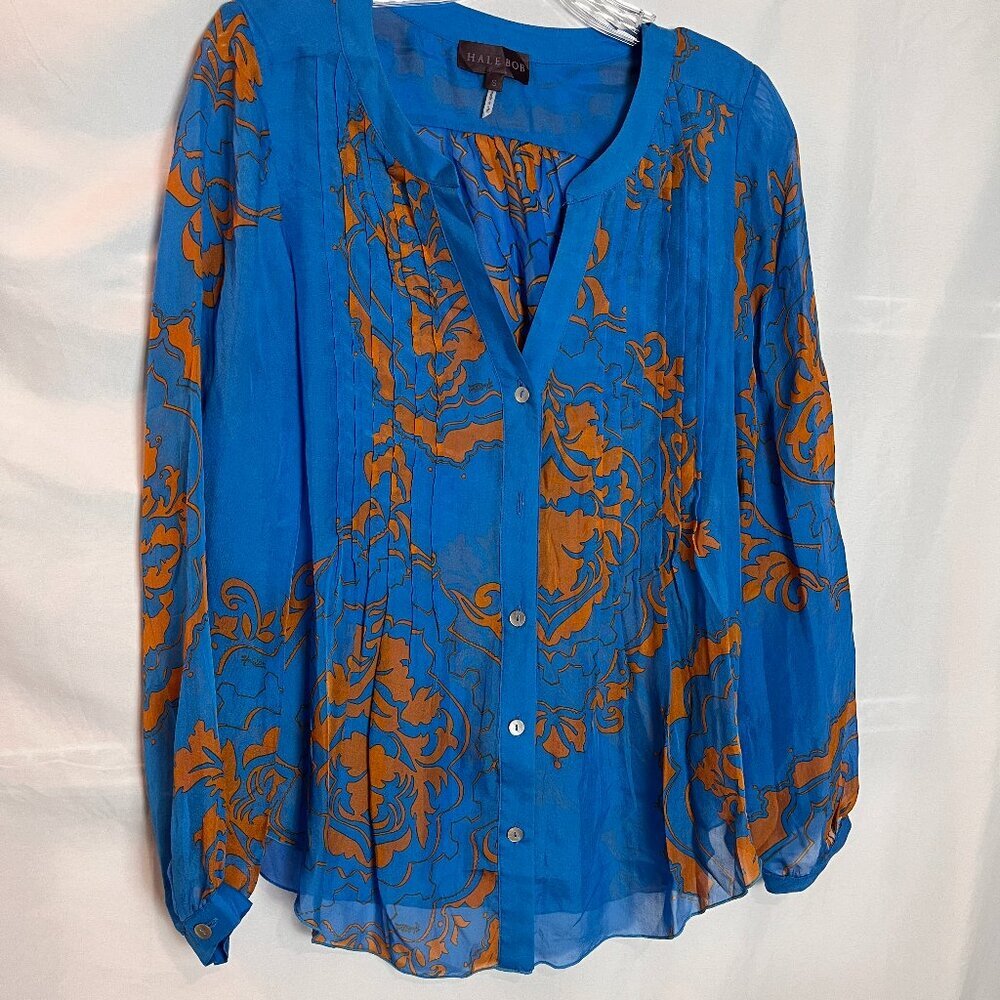 Women's blue/gold 100% silk Hale bob long slv blouse Size S